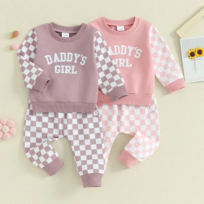 2 Pieces Set Baby Kid Girls Letters Color-blocking Tops And Checked Pants Wholesale 231130325