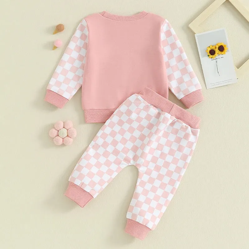 2 Pieces Set Baby Kid Girls Letters Color-blocking Tops And Checked Pants Wholesale 231130325