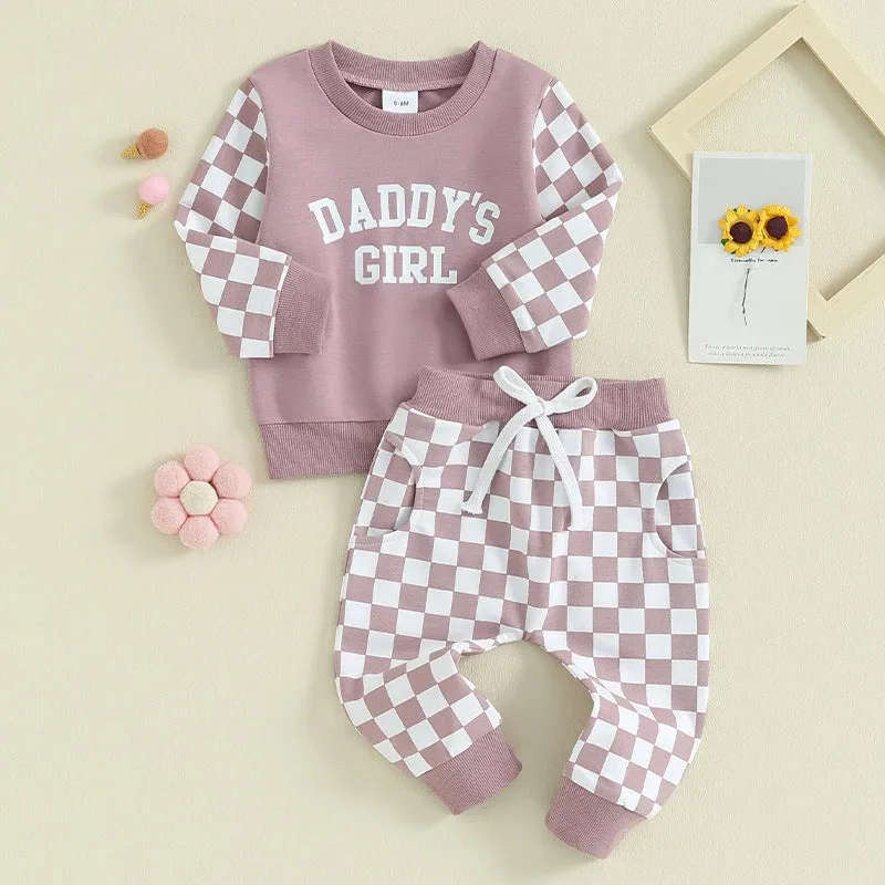 2 Pieces Set Baby Kid Girls Letters Color-blocking Tops And Checked Pants Wholesale 231130325