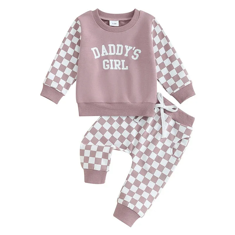 2 Pieces Set Baby Kid Girls Letters Color-blocking Tops And Checked Pants Wholesale 231130325