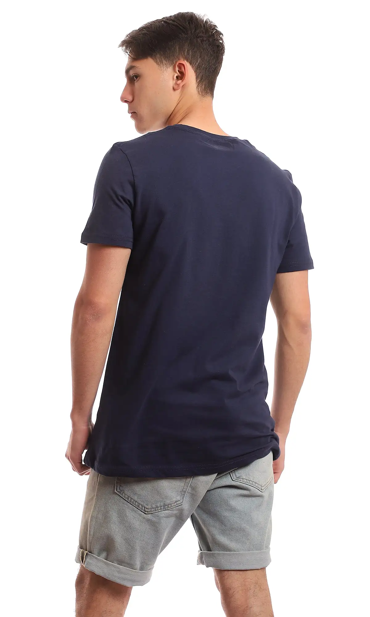 97691 Basic Round Plain Navy Blue Summer T-Shirt