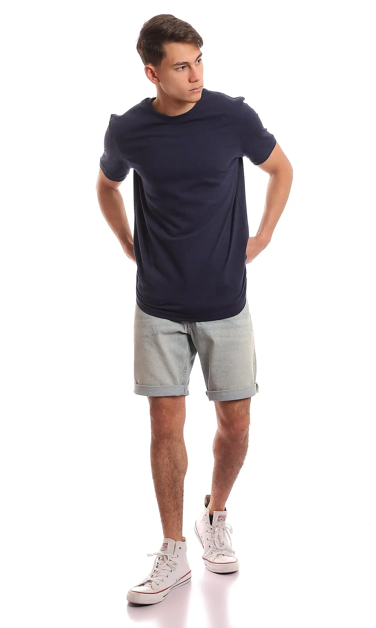 97691 Basic Round Plain Navy Blue Summer T-Shirt