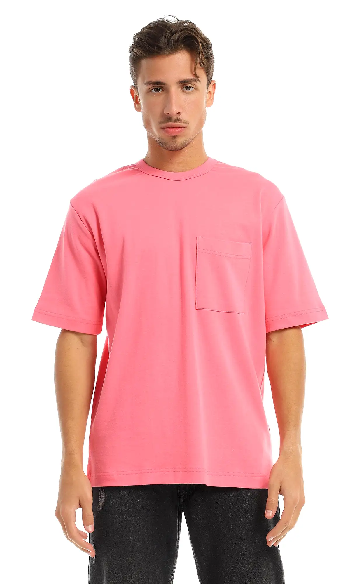 97705 Solid Basic Round Patched Pocket Light Pink T-Shirt