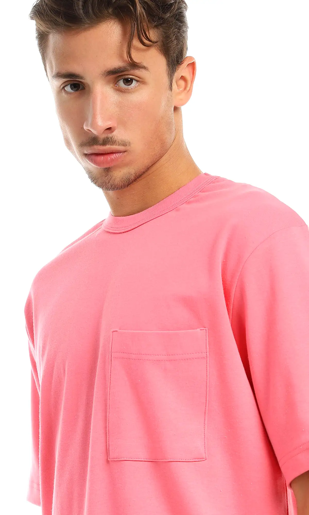 97705 Solid Basic Round Patched Pocket Light Pink T-Shirt