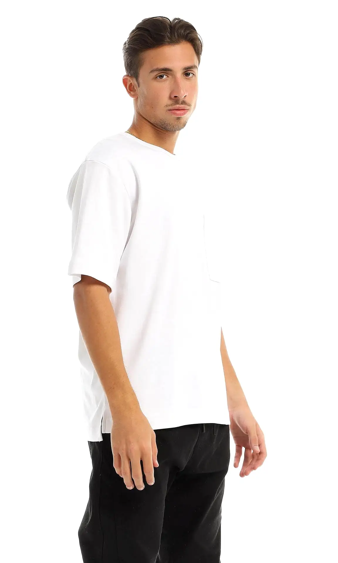 97708 Basic Round Patched Pocket White T-Shirt