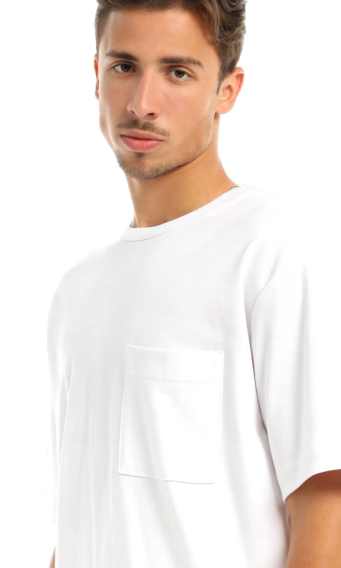 97708 Basic Round Patched Pocket White T-Shirt