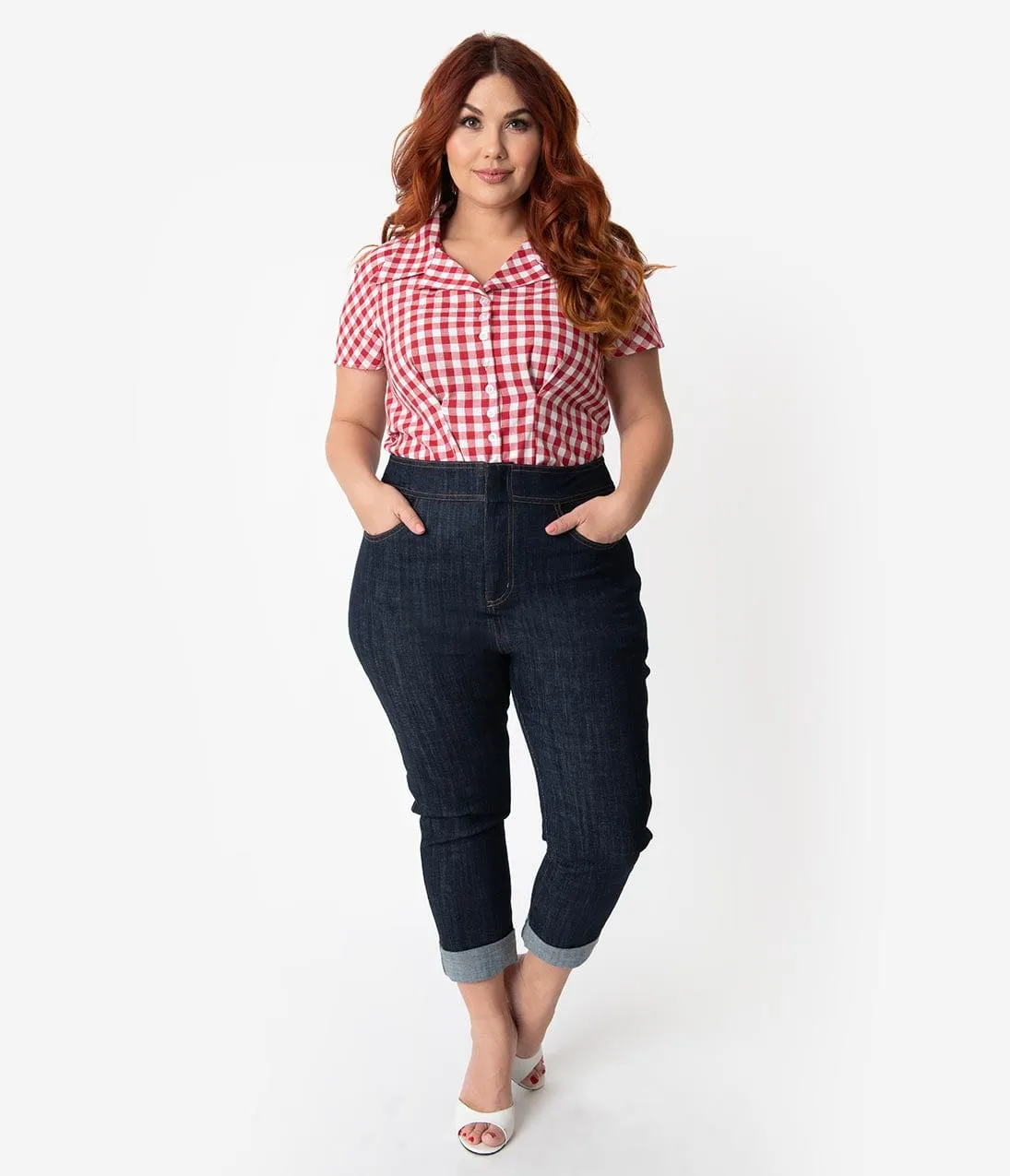 Barbie x Unique Vintage Plus Size Dark Blue Denim Picnic Capri Pants