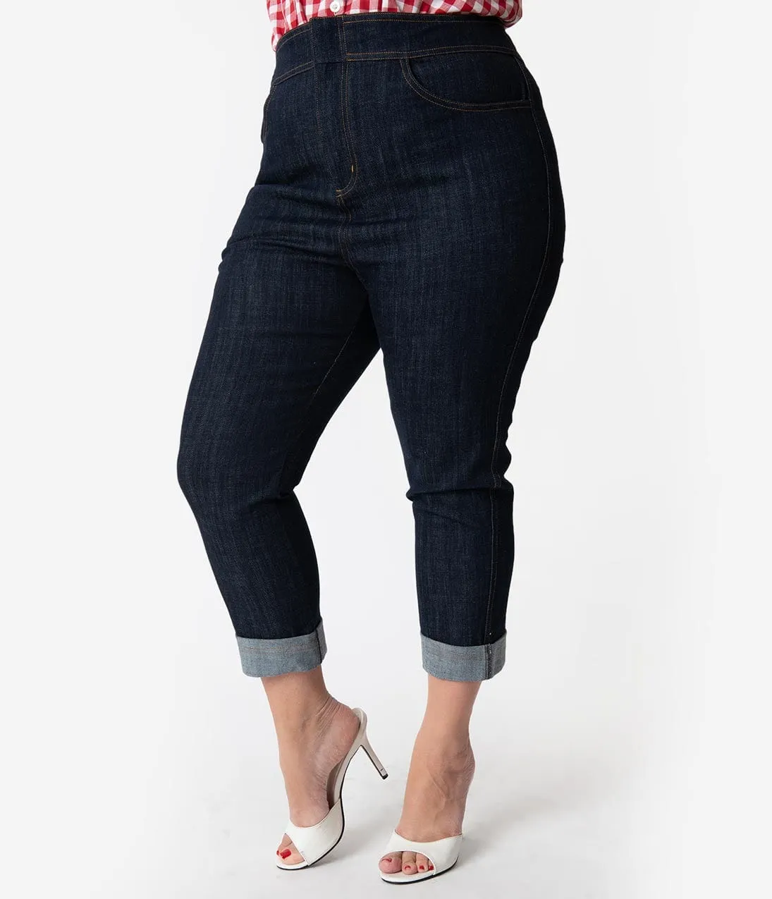 Barbie x Unique Vintage Plus Size Dark Blue Denim Picnic Capri Pants