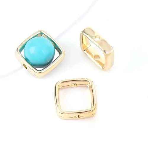 Bead Frames, Square, Golden, Alloy, 13mm, Fits Up To 8mm Bead