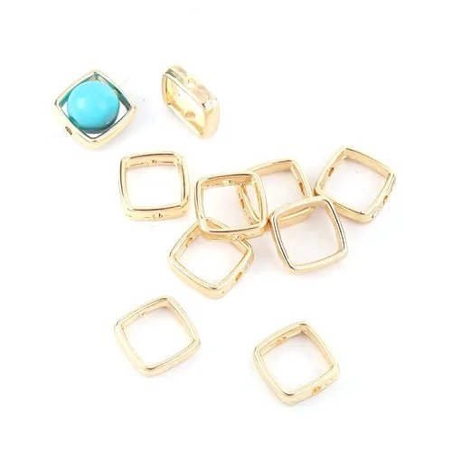 Bead Frames, Square, Golden, Alloy, 13mm, Fits Up To 8mm Bead