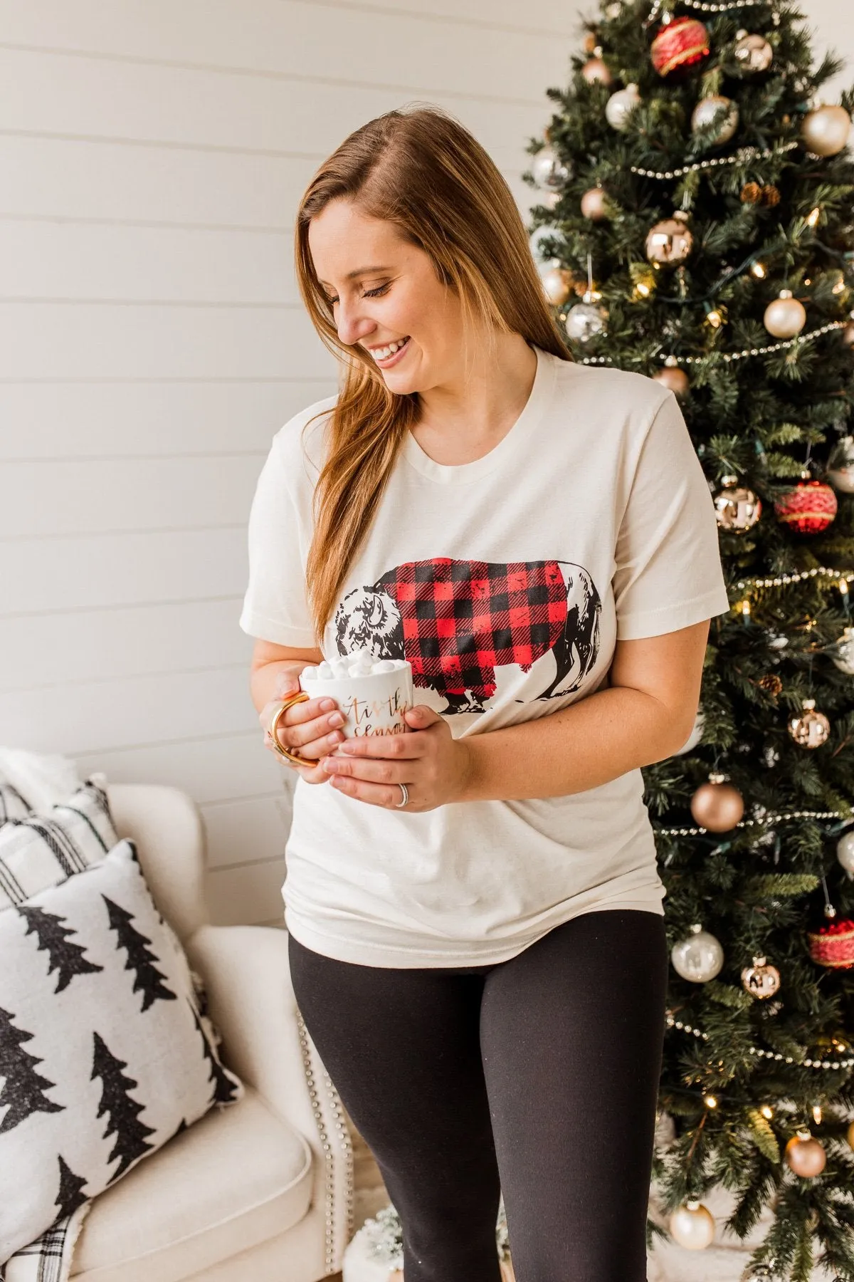 Buffalo Wearing Buffalo Plaid Graphic Tee- Cream