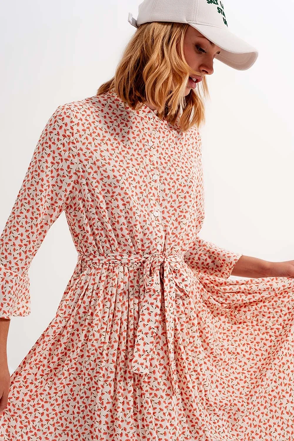 Buttoned Midi Dress With High Collar in Floral Print Coral