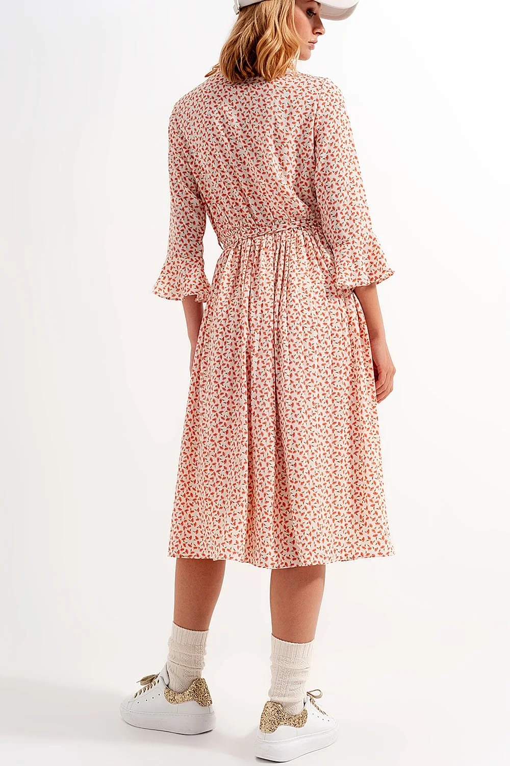 Buttoned Midi Dress With High Collar in Floral Print Coral