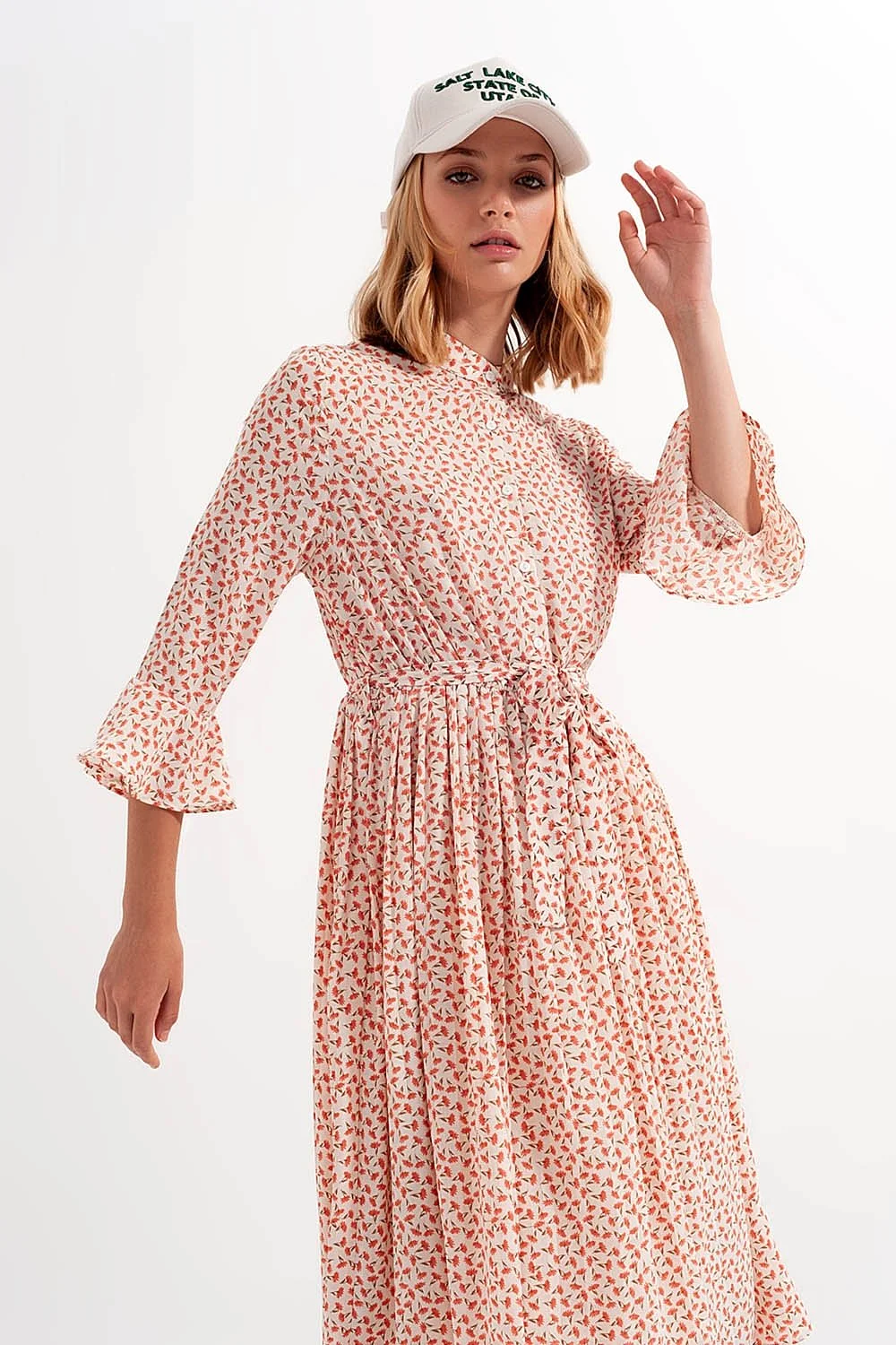 Buttoned Midi Dress With High Collar in Floral Print Coral