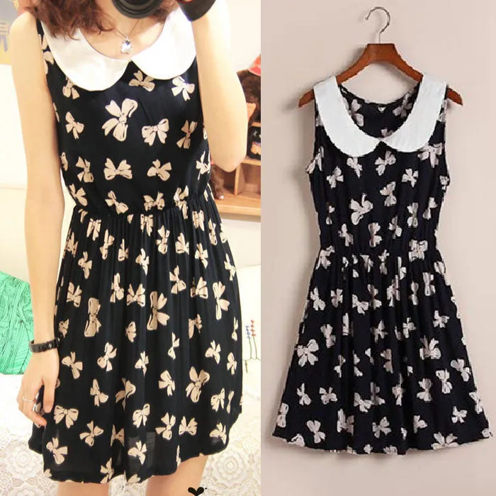 Casual Dress Women Peter Pan Collar Bowknot Vest Dress Sundress Sleeveless dress Sale Feida