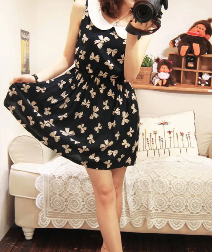 Casual Dress Women Peter Pan Collar Bowknot Vest Dress Sundress Sleeveless dress Sale Feida