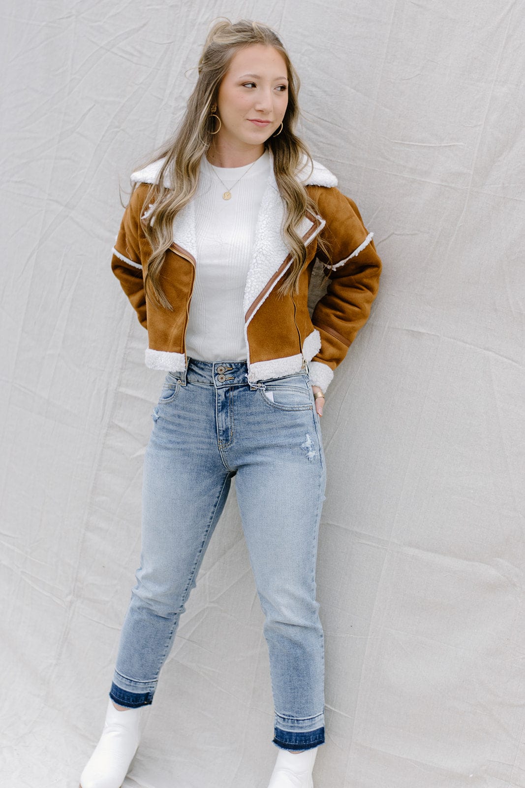 Cognac Shearling Moto Jacket