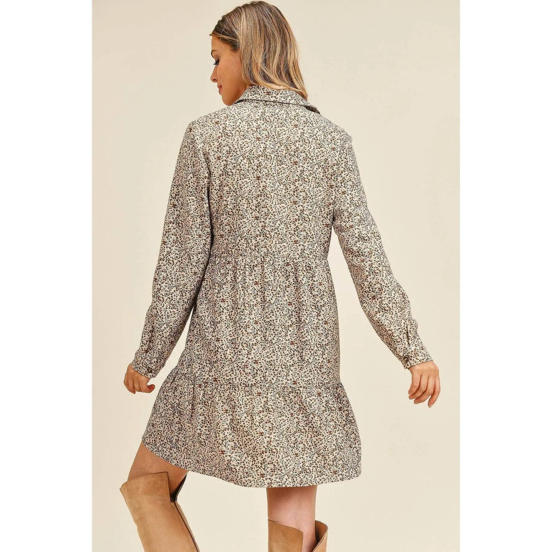 Corduroy Printed Button Down Front Collar Long Sleeve Dress