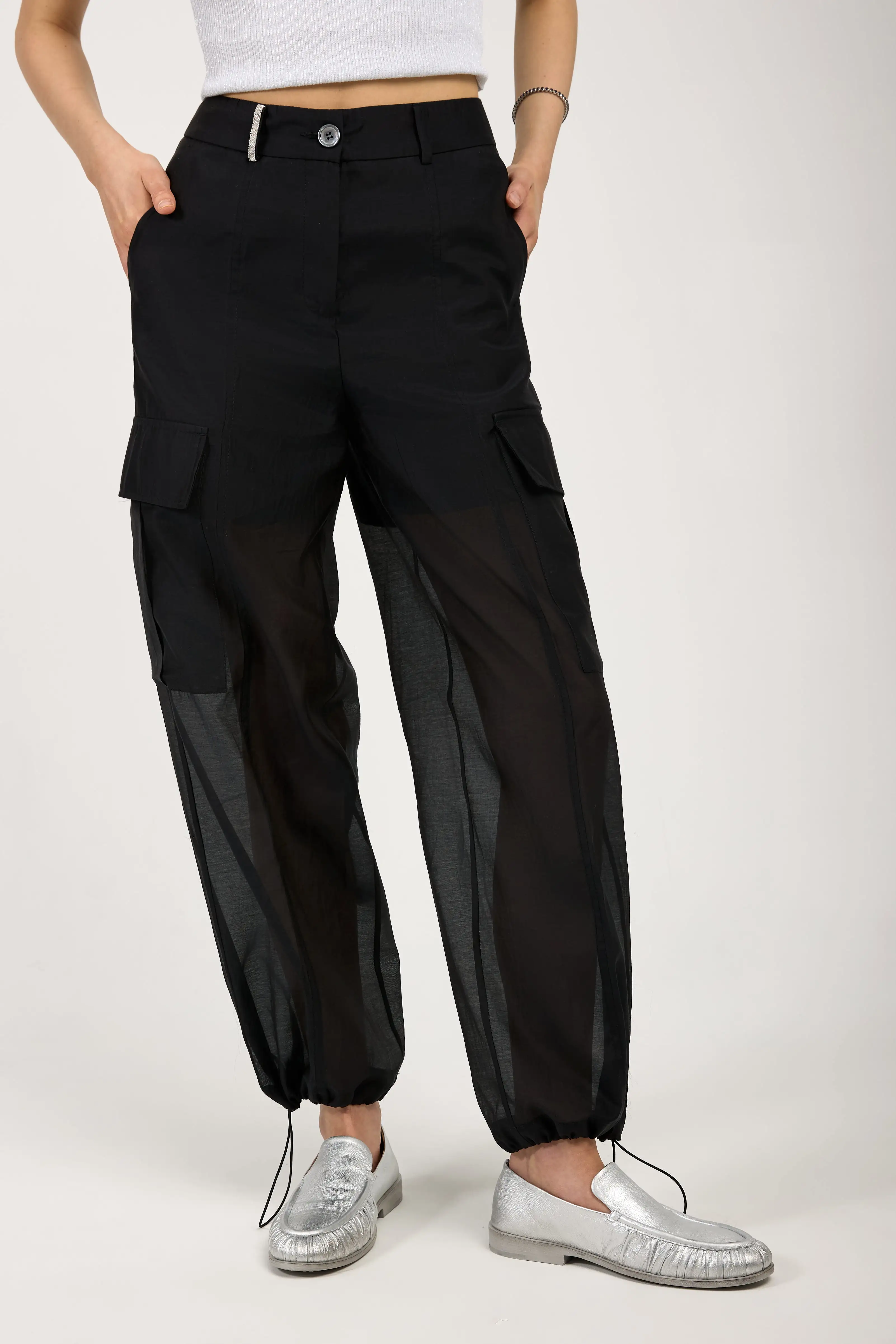 Cotton Silk Organza Cargo Pant in Black