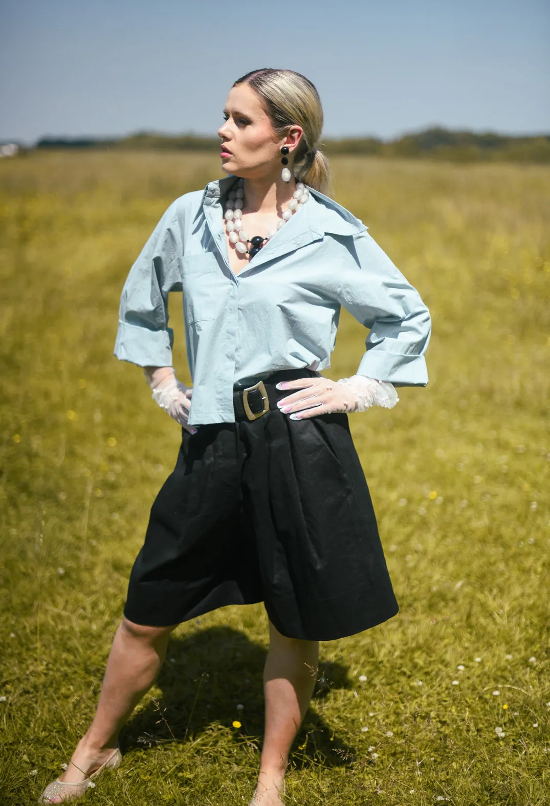 Cropped Patch Pocket Shirt in Blue