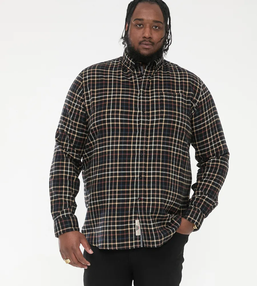 D555 Big Mens Long Sleeve Black/Tan Check Shirt With Chest Patch Pocket (DESTIN)