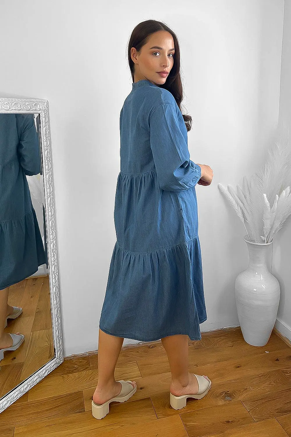 Dark Blue Grandad Collar Tiered Denim Dress