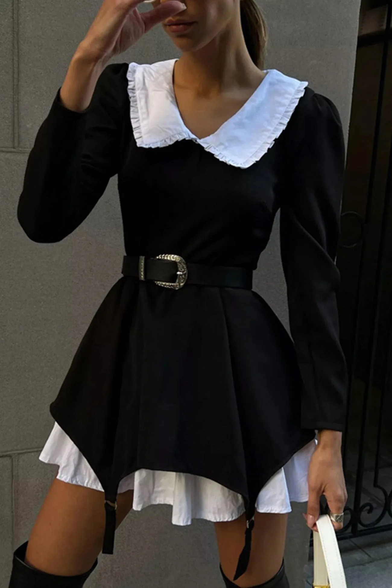 Doll Collar Ruched Fake Two-Pieces Dress