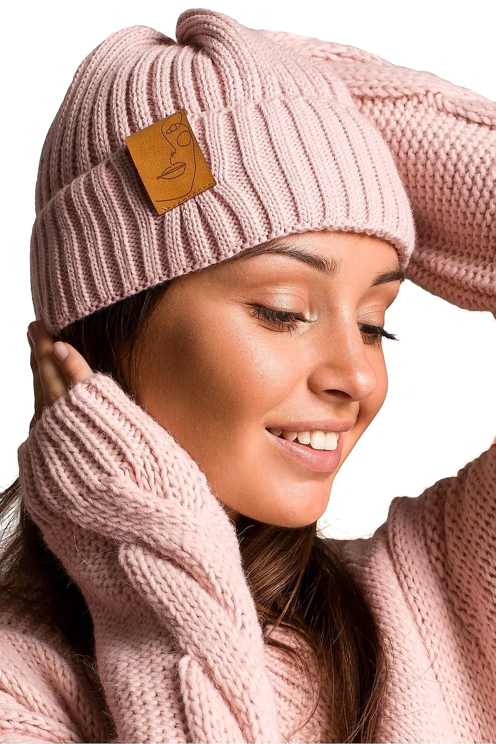 Dusty Pink Beanie Hat with Patch