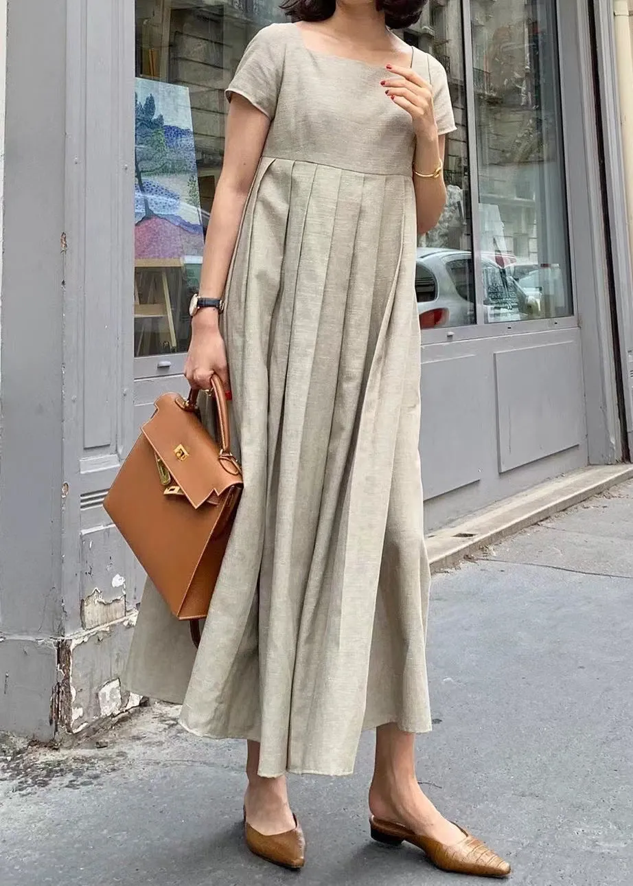 Elegant Apricot Square Collar Wrinkled Cotton Long Dress Summer