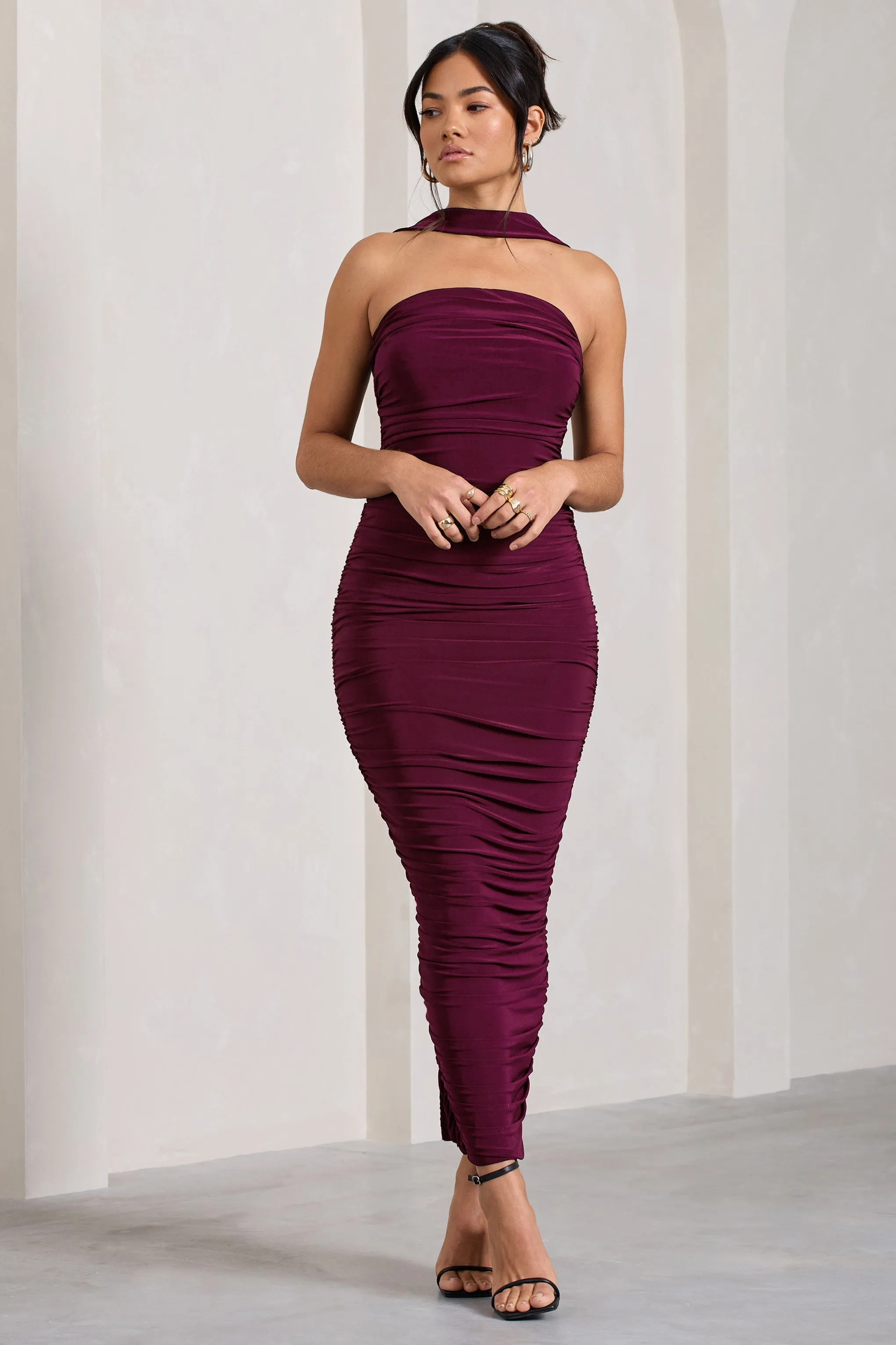 Entranced | Burgundy Ruched Bandeau Maxi Dress With Halter Collar