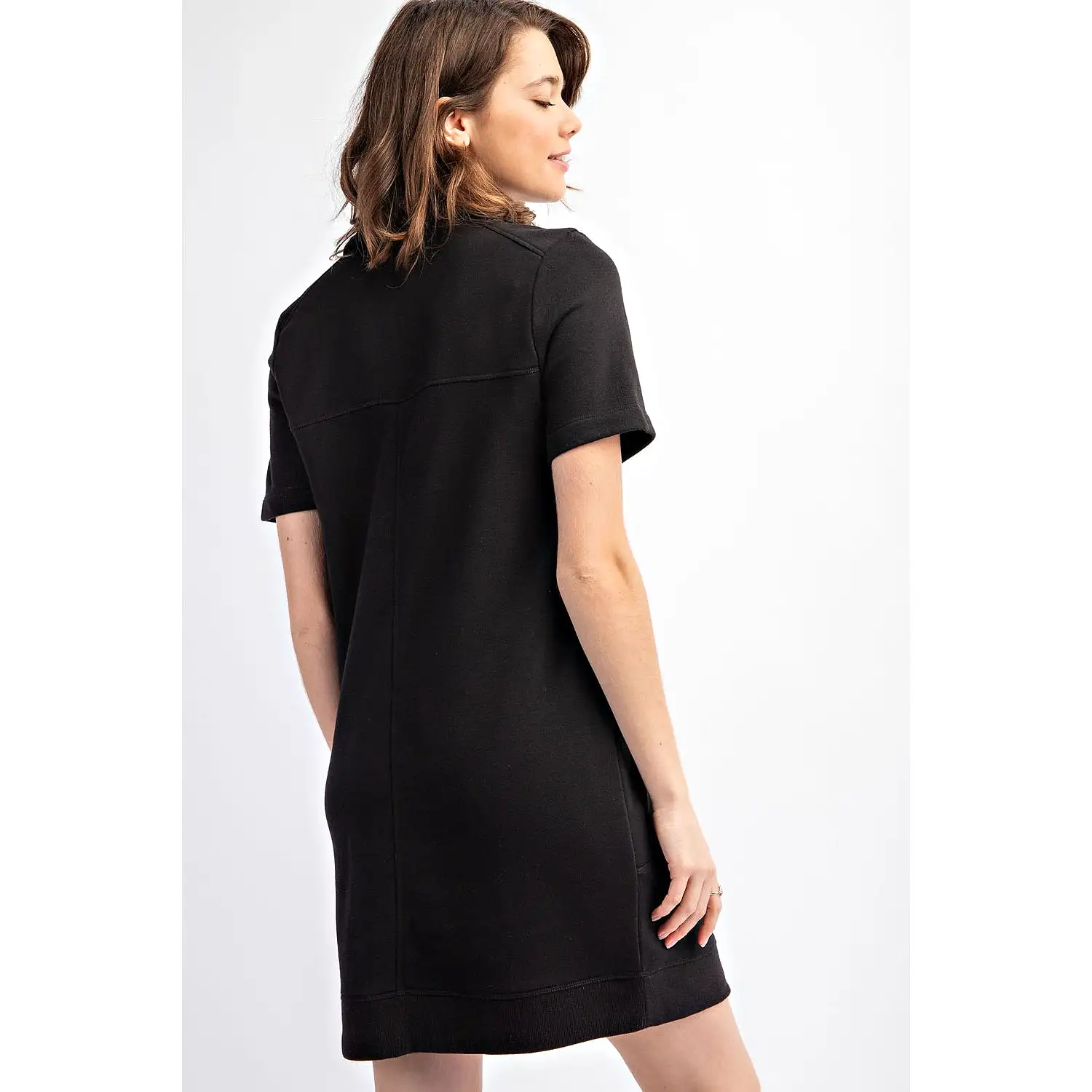 French Terry Short Sleeve Quarter Zip Dress with Collar- Black