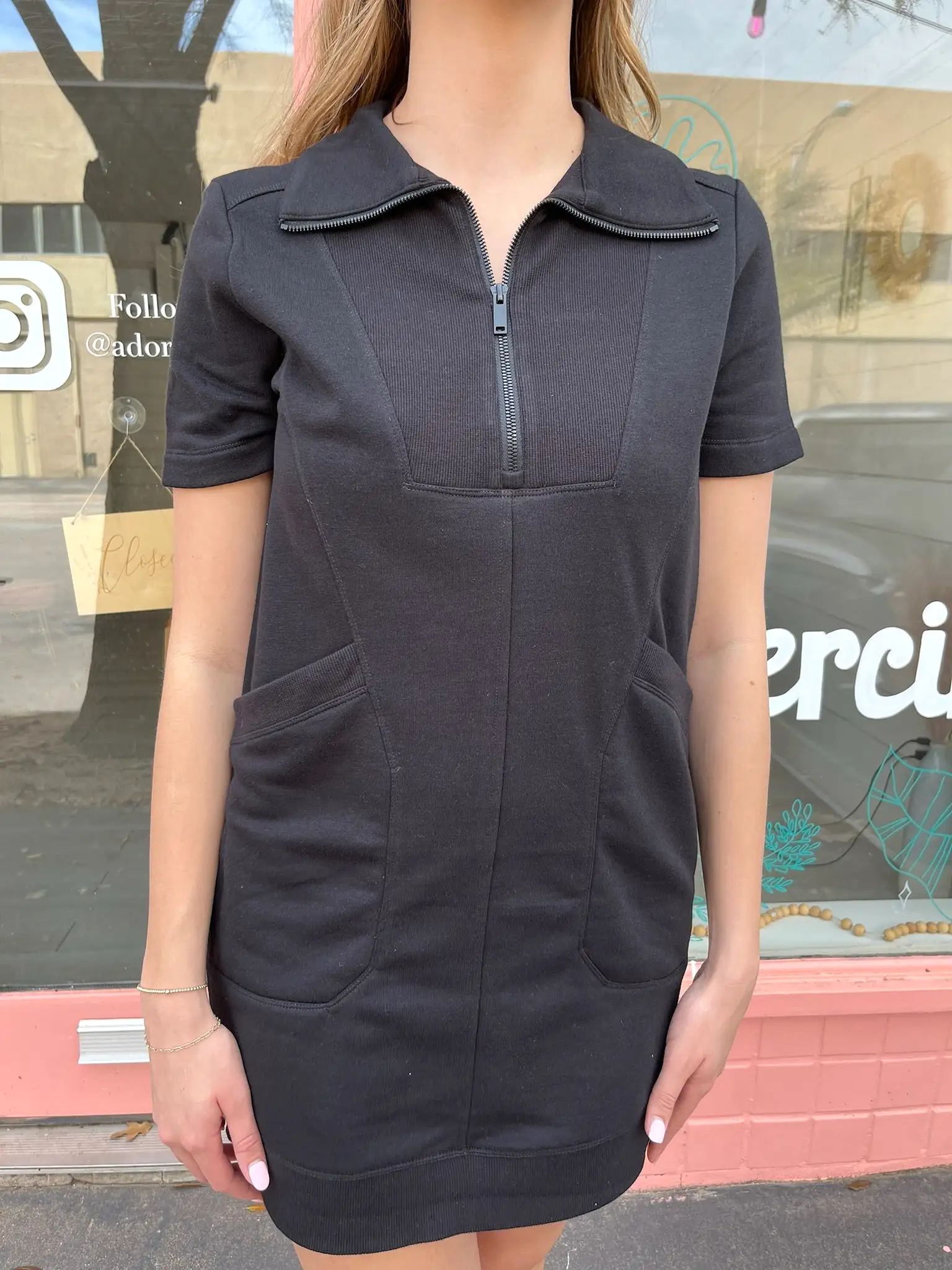 French Terry Short Sleeve Quarter Zip Dress with Collar- Black