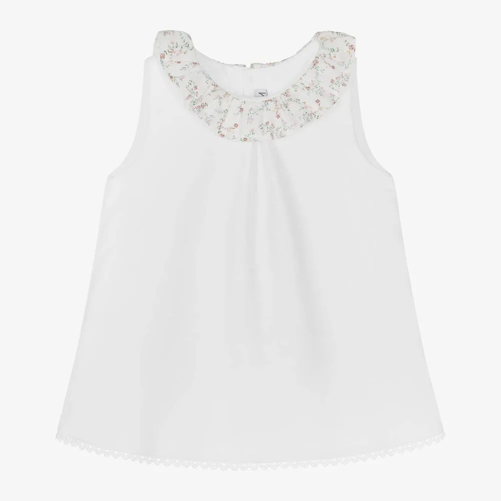 Girls White Cotton Floral Collar Dress