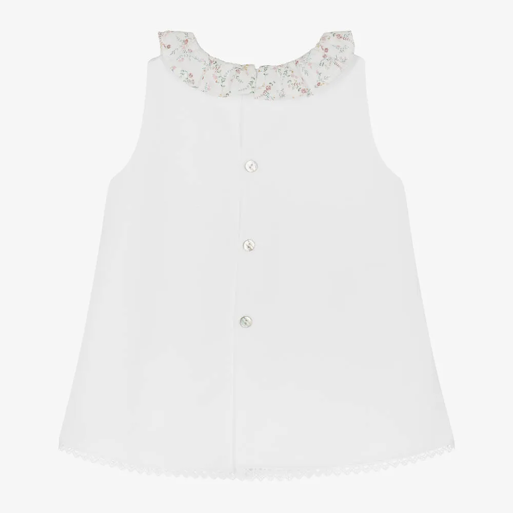 Girls White Cotton Floral Collar Dress