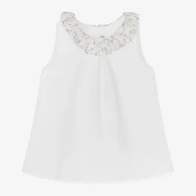 Girls White Cotton Floral Collar Dress