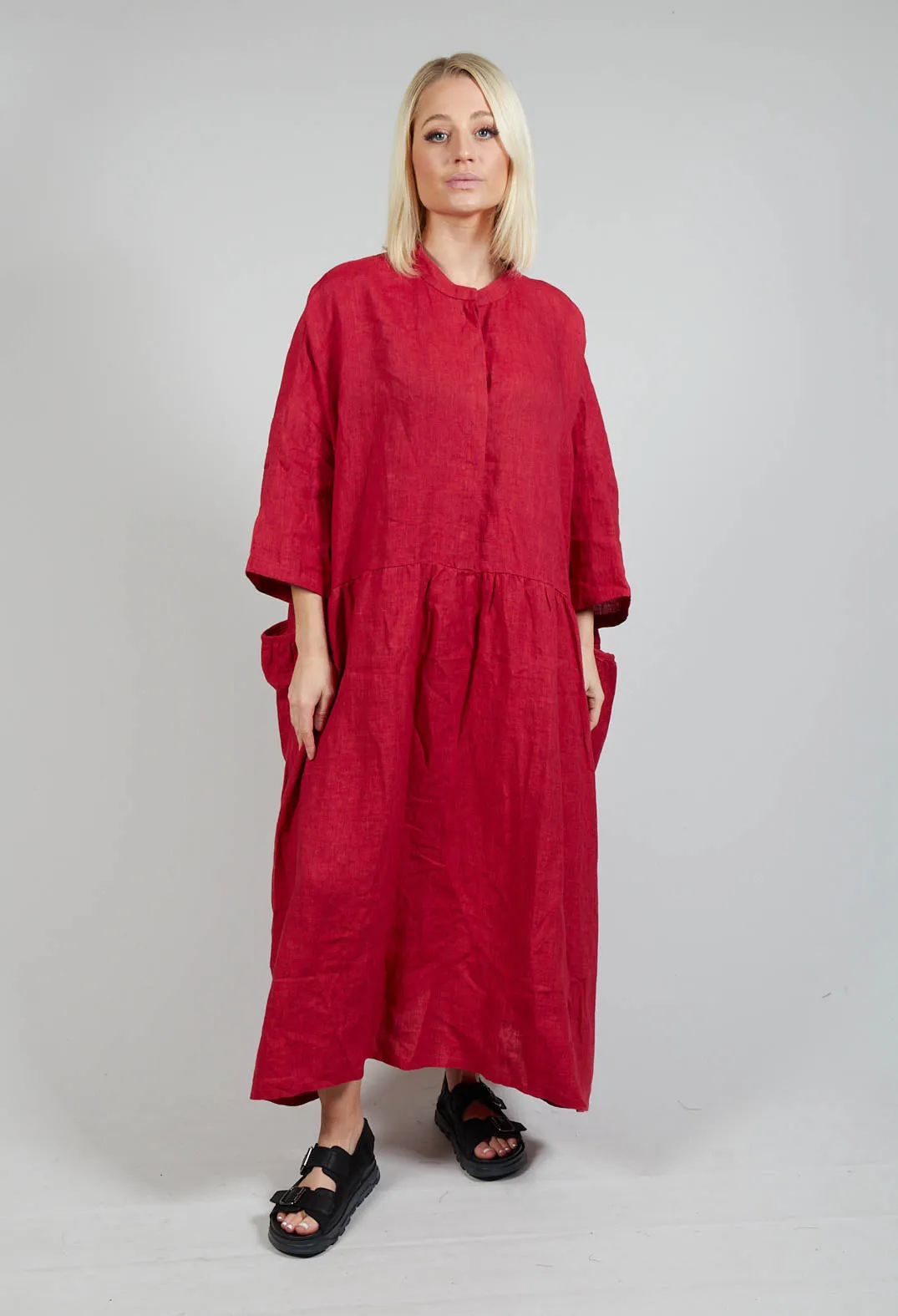 Grandad Collar Linen Dress in Red