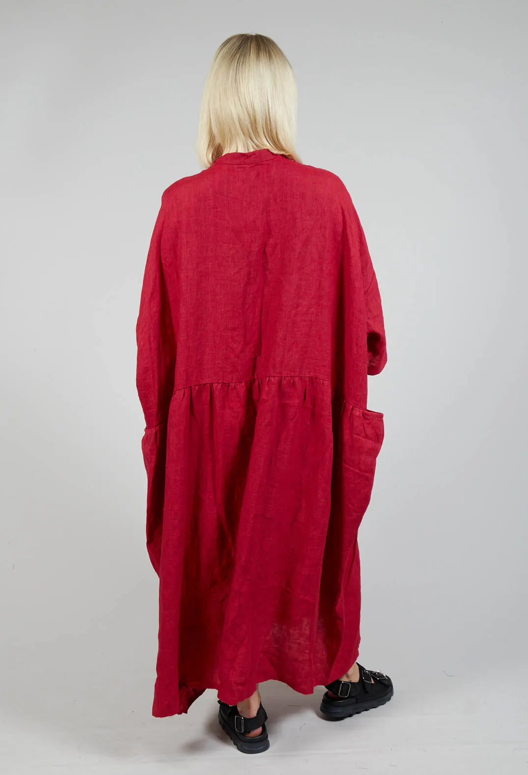 Grandad Collar Linen Dress in Red