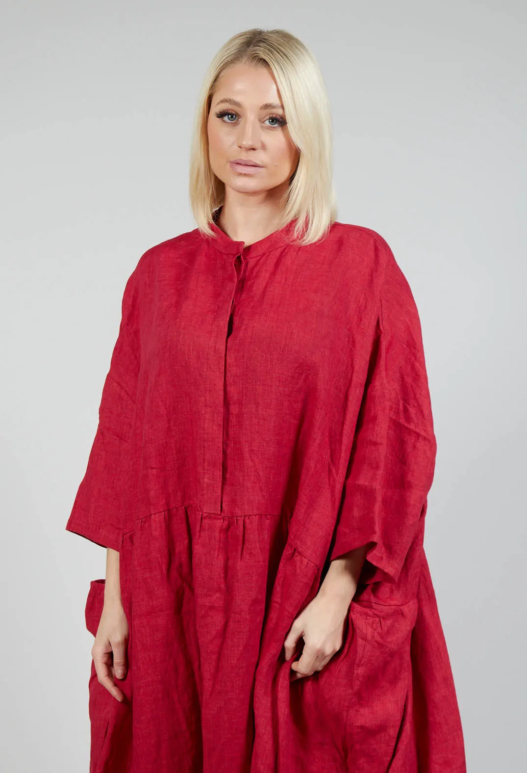 Grandad Collar Linen Dress in Red