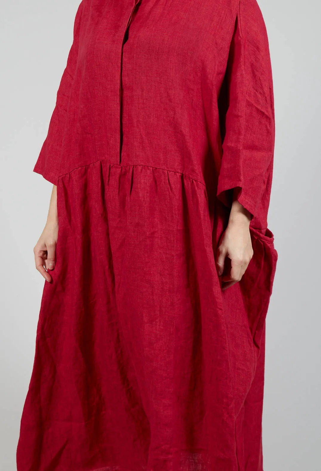 Grandad Collar Linen Dress in Red