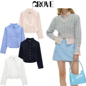 GROVE  |Casual Style Street Style Long Sleeves Logo Shirts & Blouses