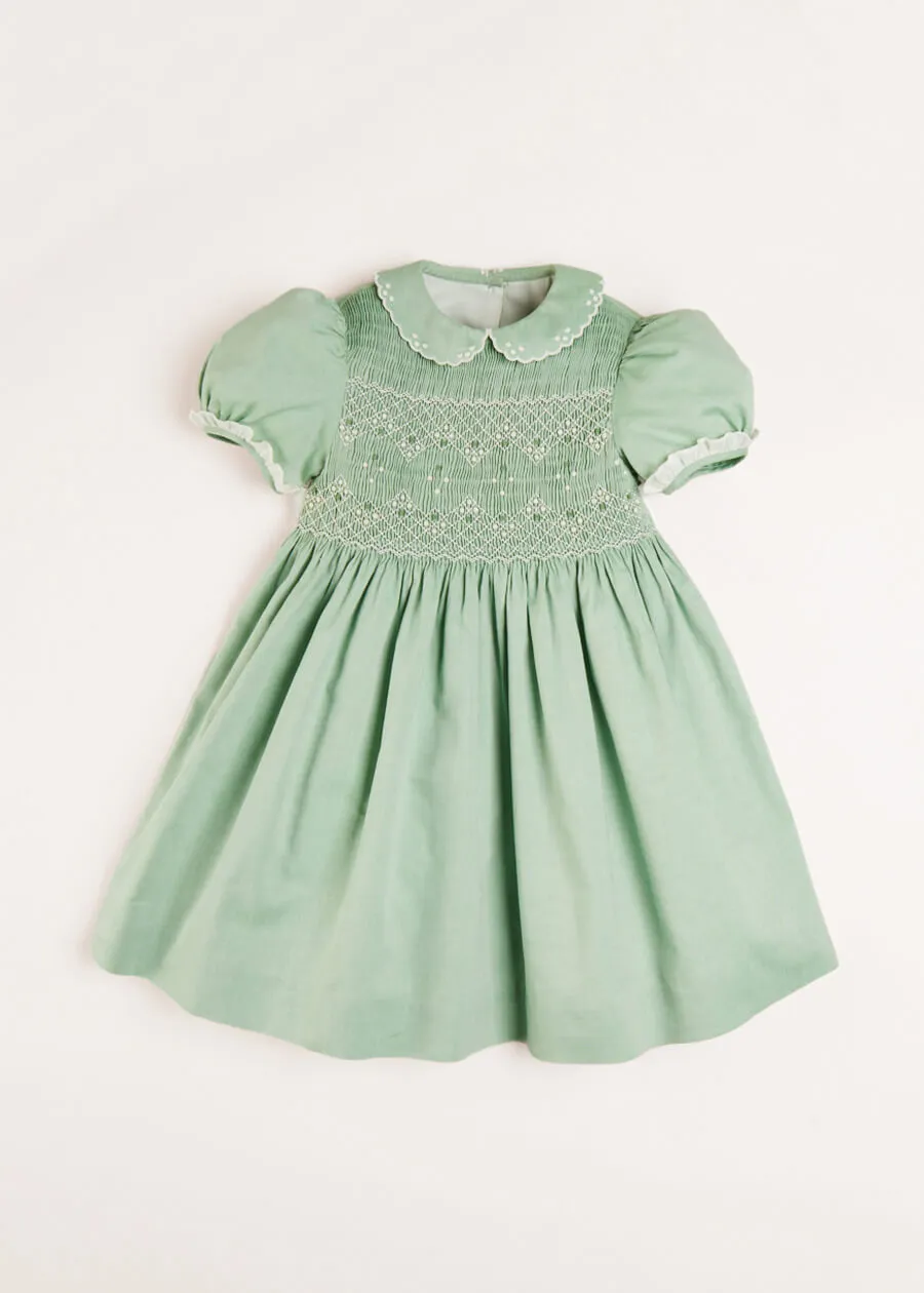 Handsmocked Peter Pan Collar Short Sleeve Dress in Green (12mths-10yrs)