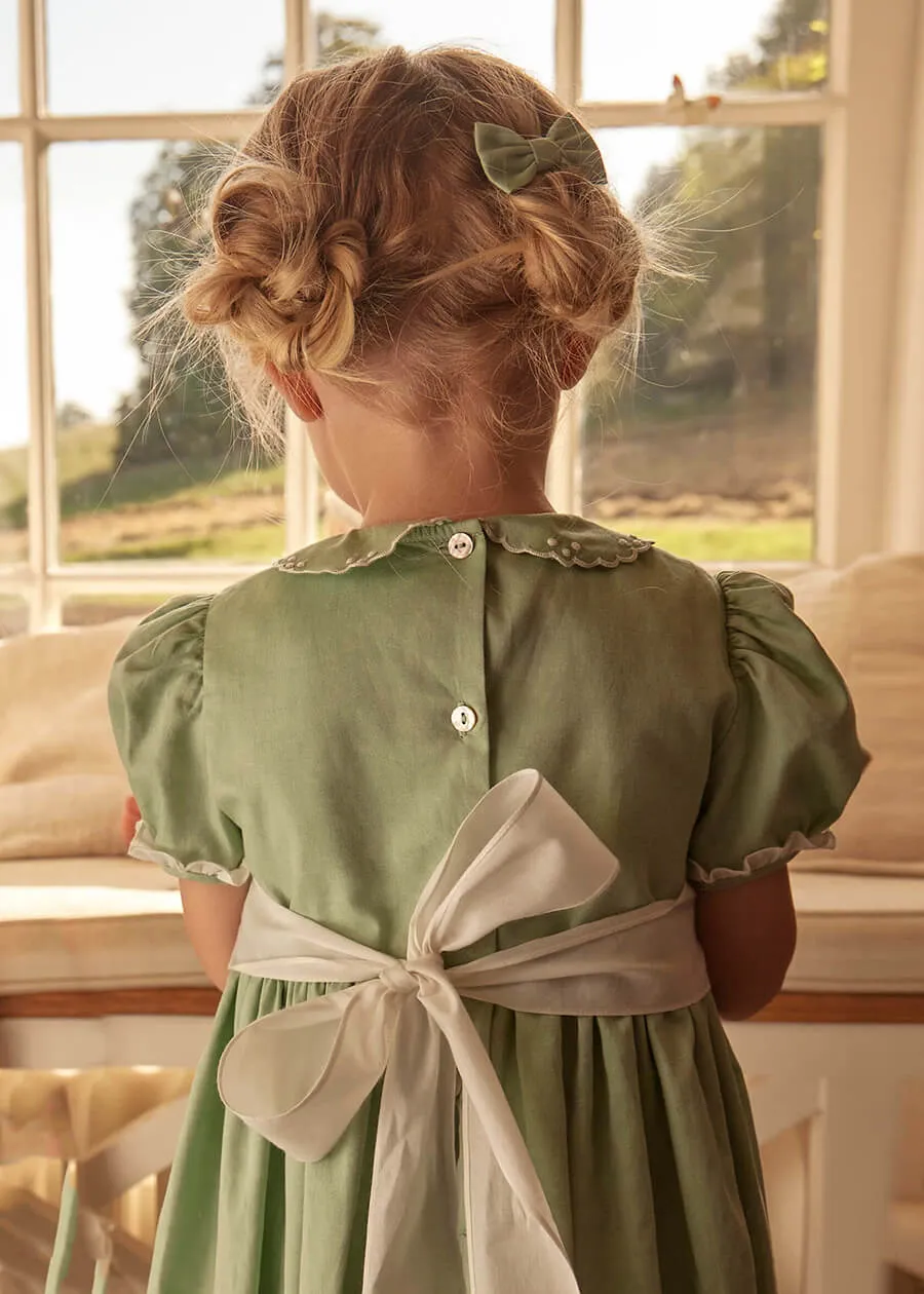 Handsmocked Peter Pan Collar Short Sleeve Dress in Green (12mths-10yrs)