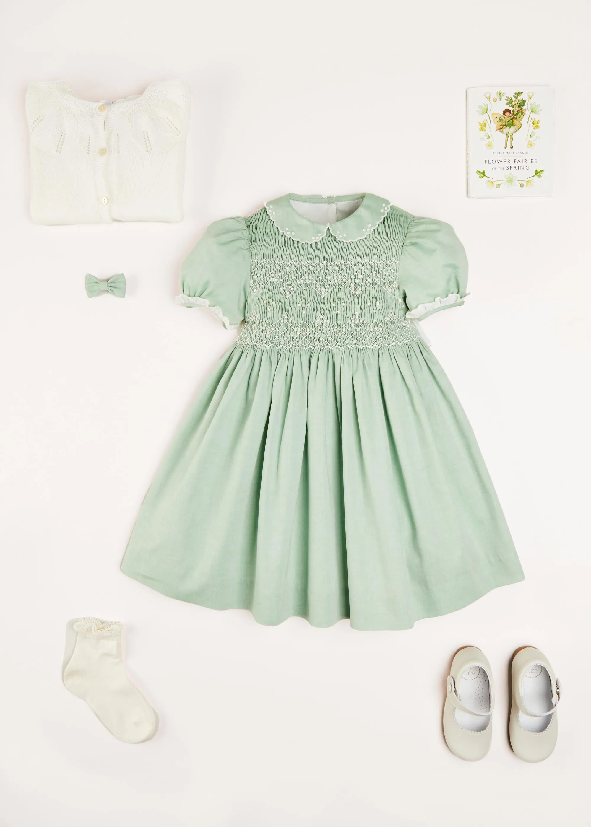 Handsmocked Peter Pan Collar Short Sleeve Dress in Green (12mths-10yrs)