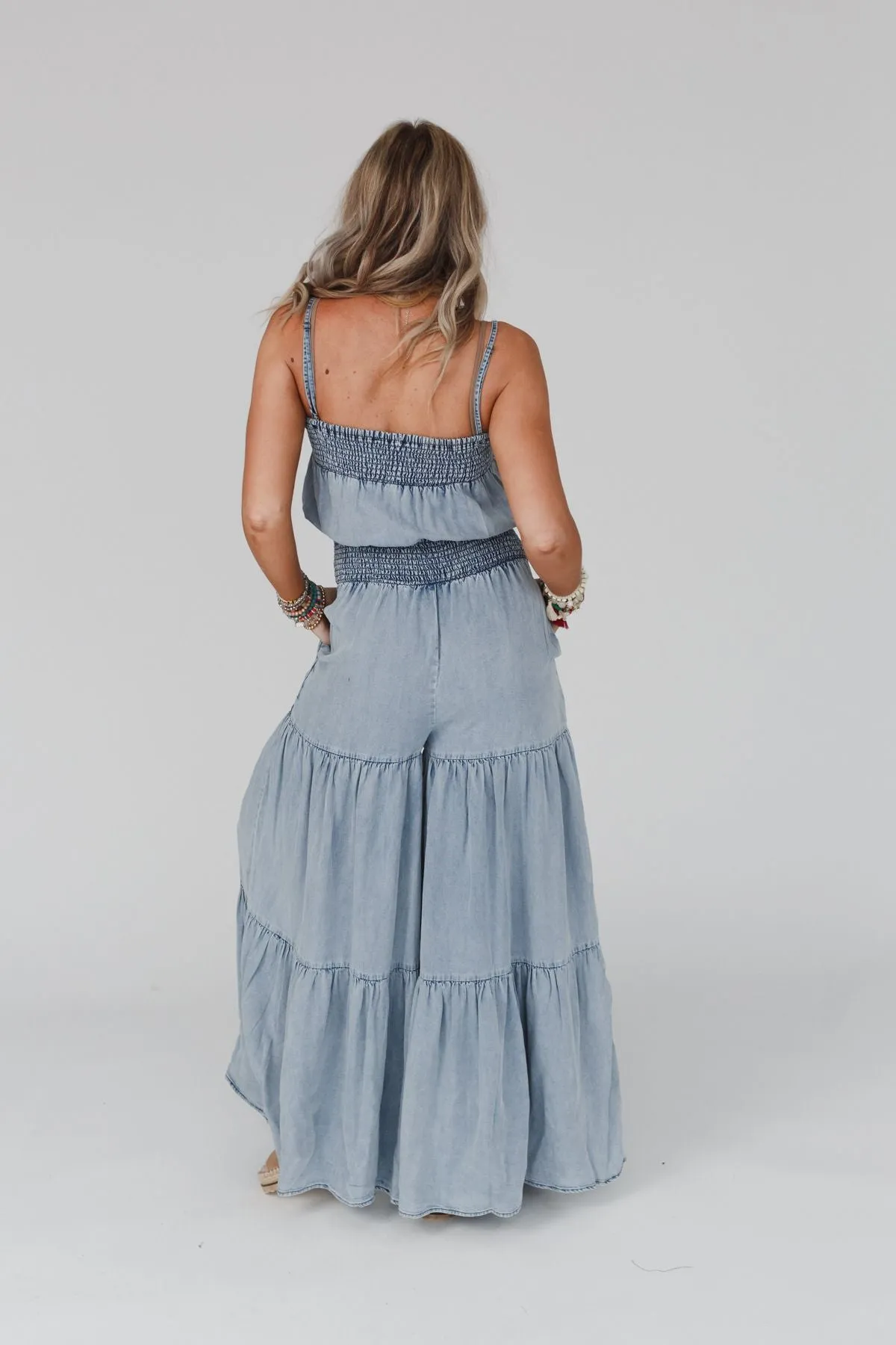 Harlow Wide Leg Chambray Jumpsuit - Blue