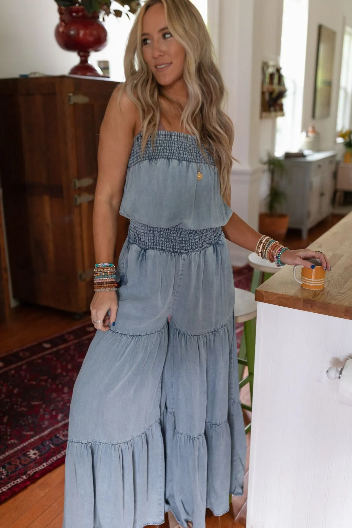 Harlow Wide Leg Chambray Jumpsuit - Blue