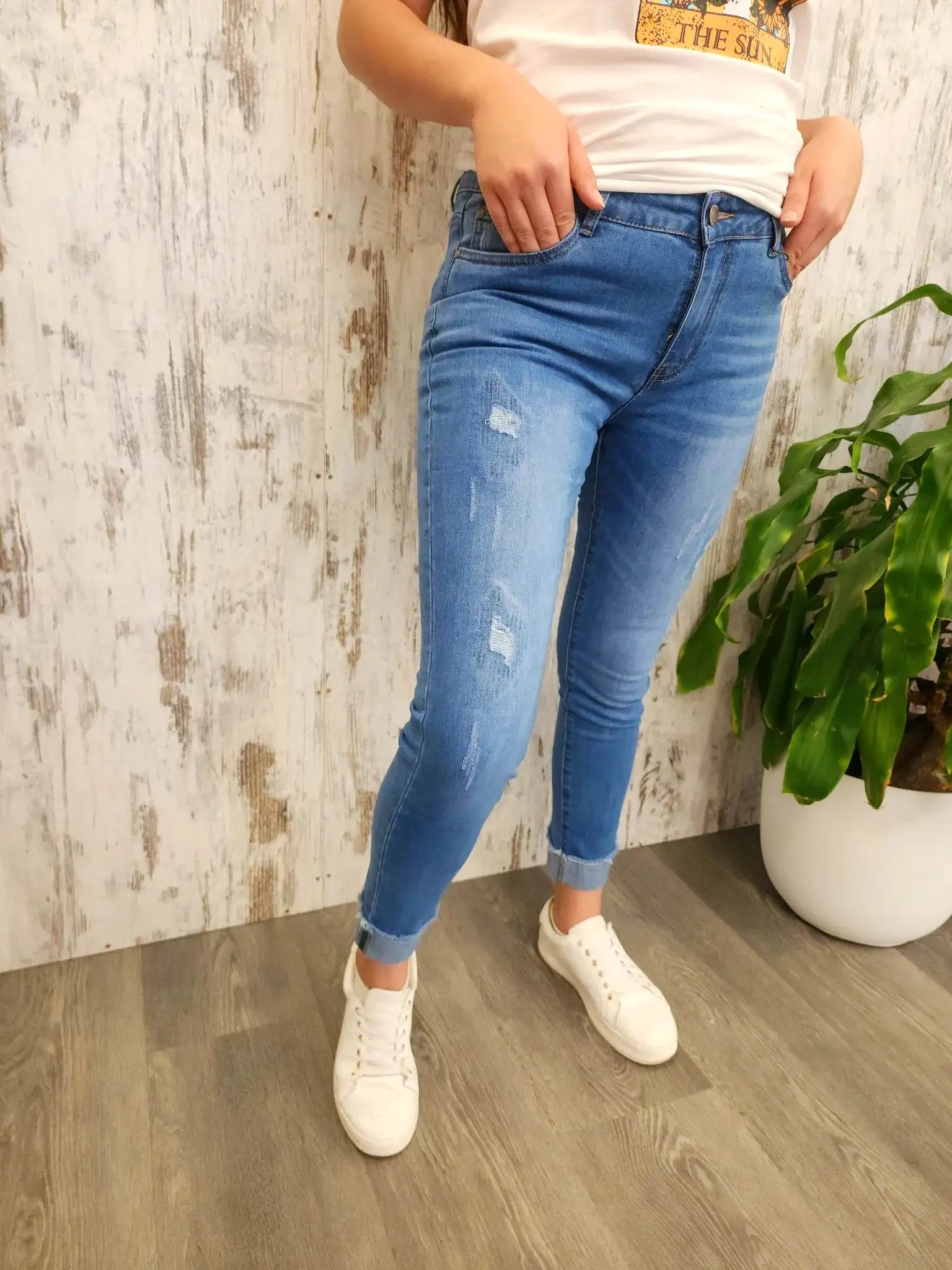 Jolie Country Denim Patched Stretch Slim Fit Raw Hem Jeans - Mid Blue