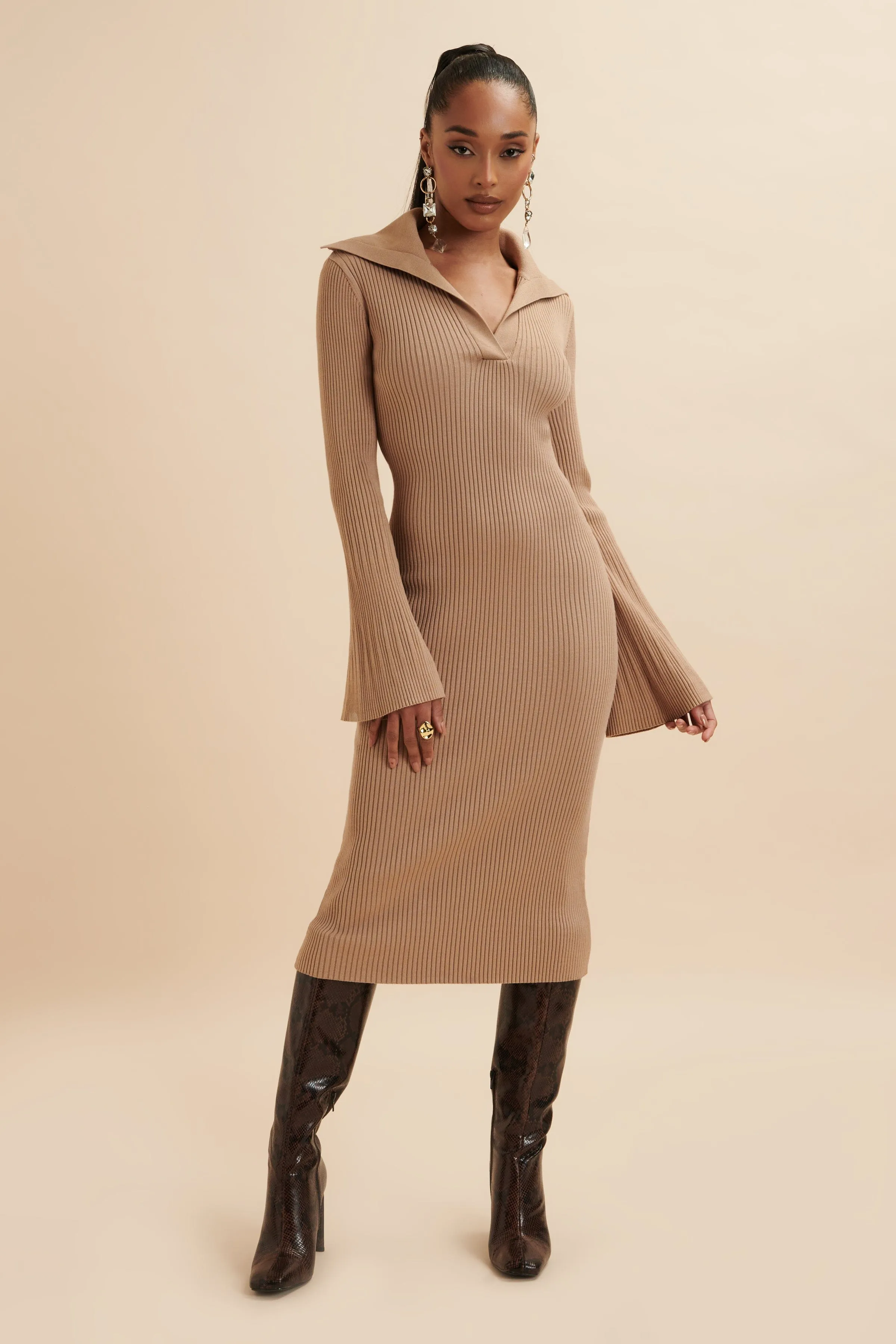 KAYA Knitted Ribbed Collar Midi Dress In Camel