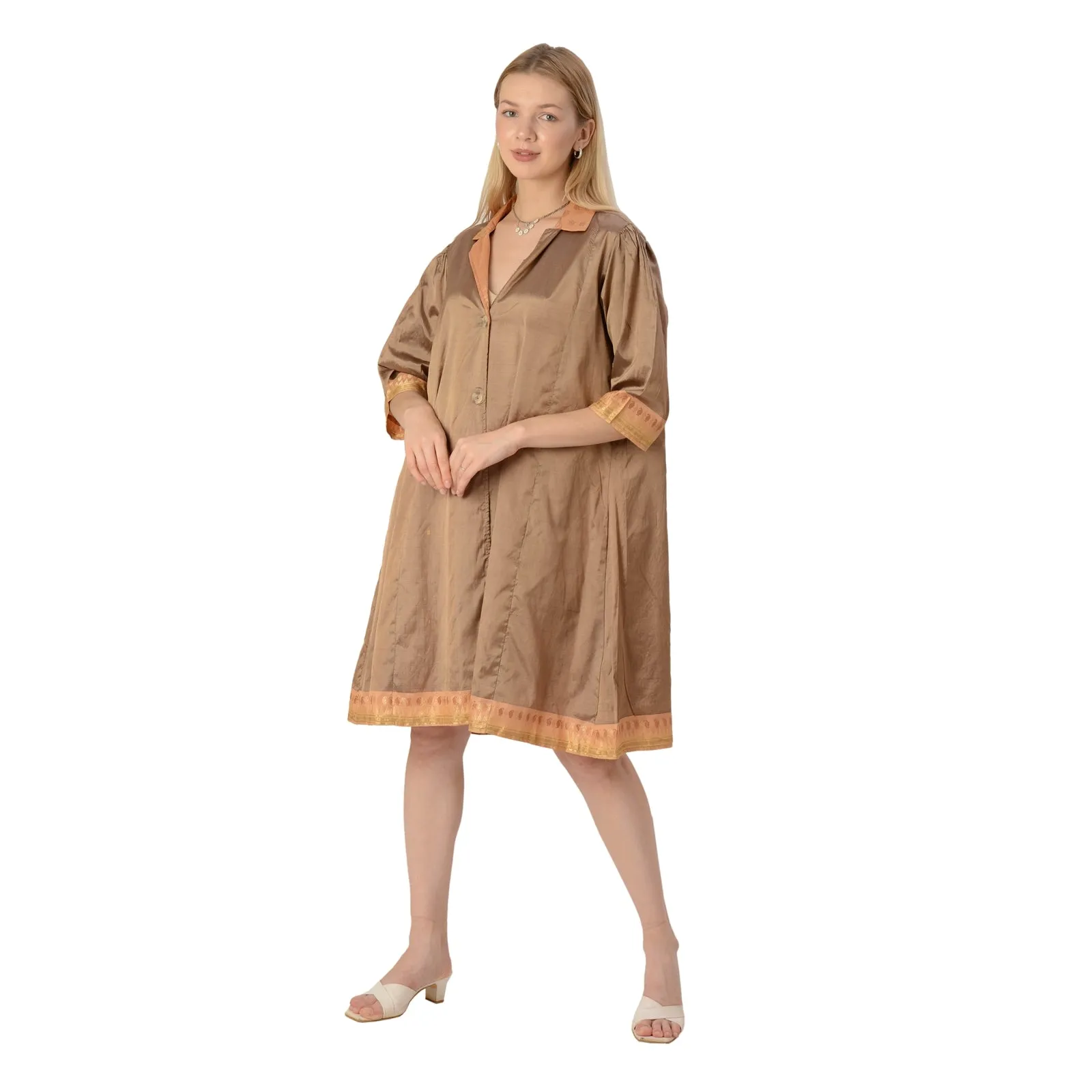 Limited Edition Sanskriti India Upcycled Pure Silk Brown Notch Collar Dress