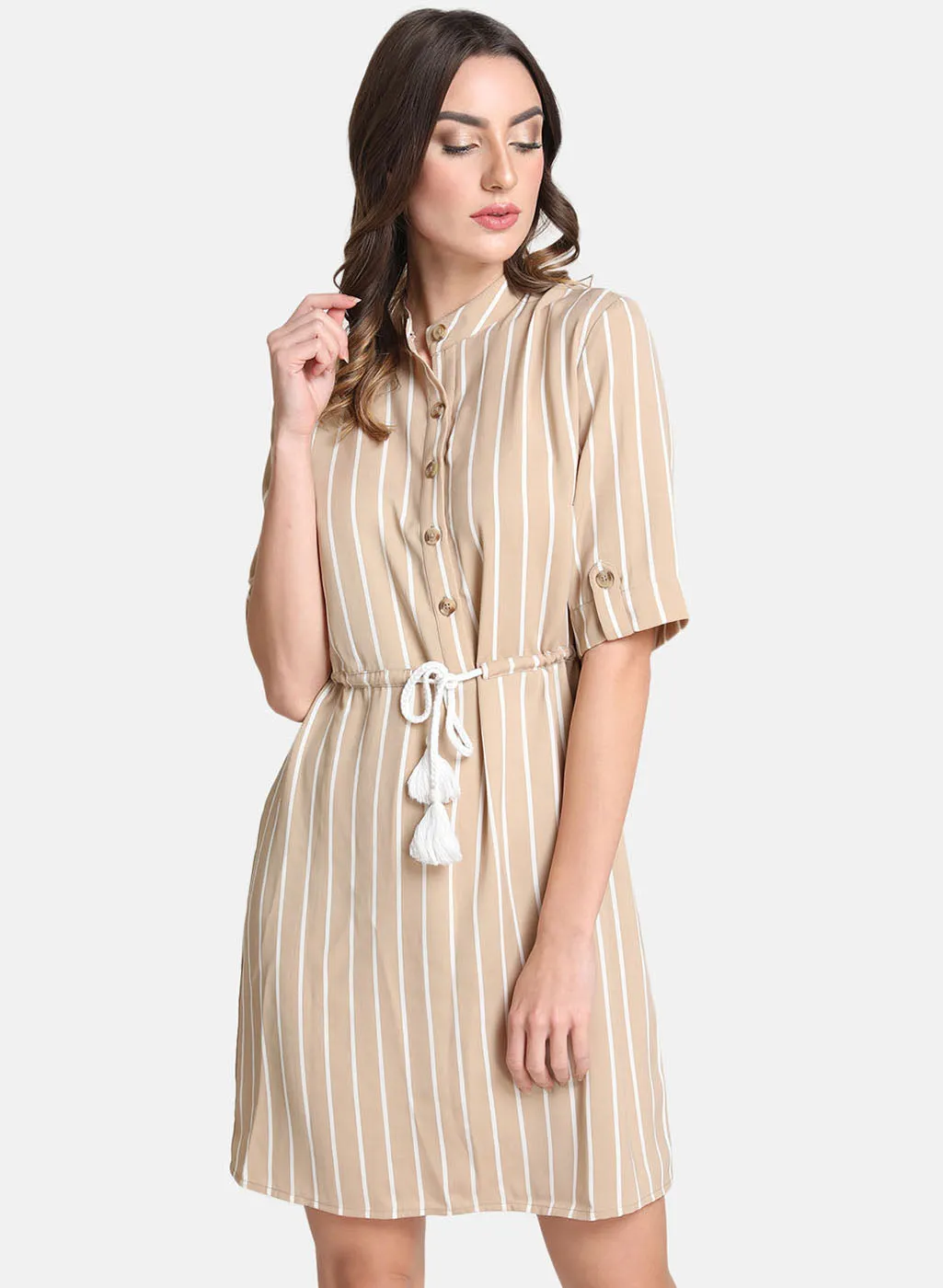 Mandarin Collar Midi Dress With Rope Detail