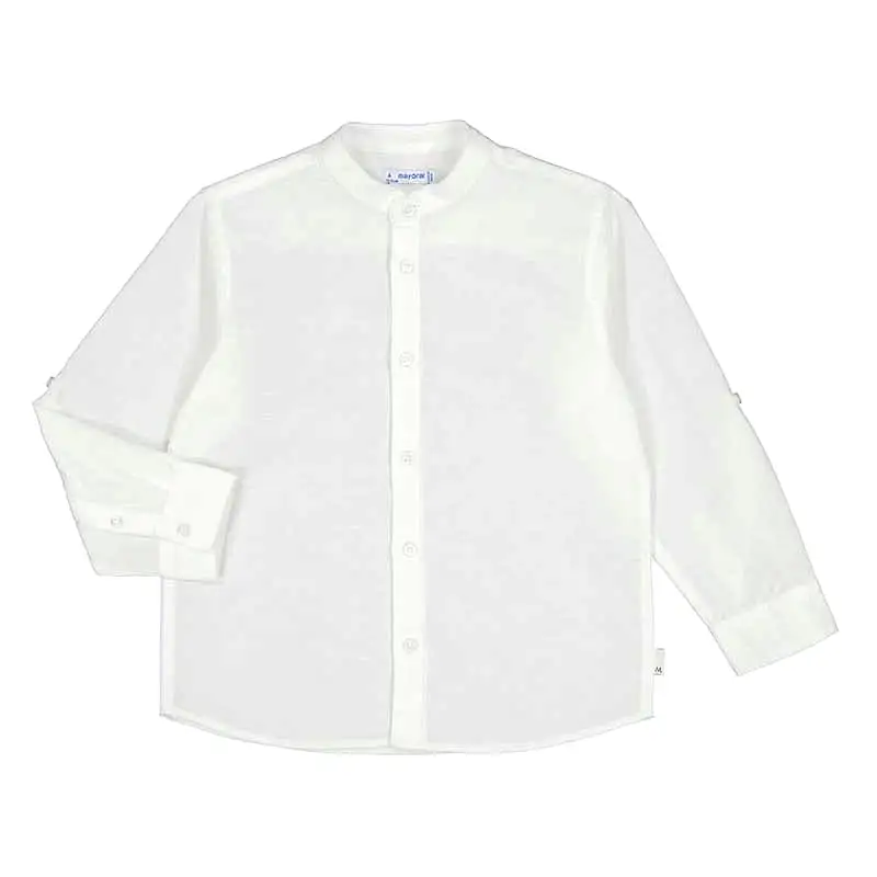 Mayoral Mini Long Sleeve White Mandarin Collar Linen Dress Shirt_ 3120-14